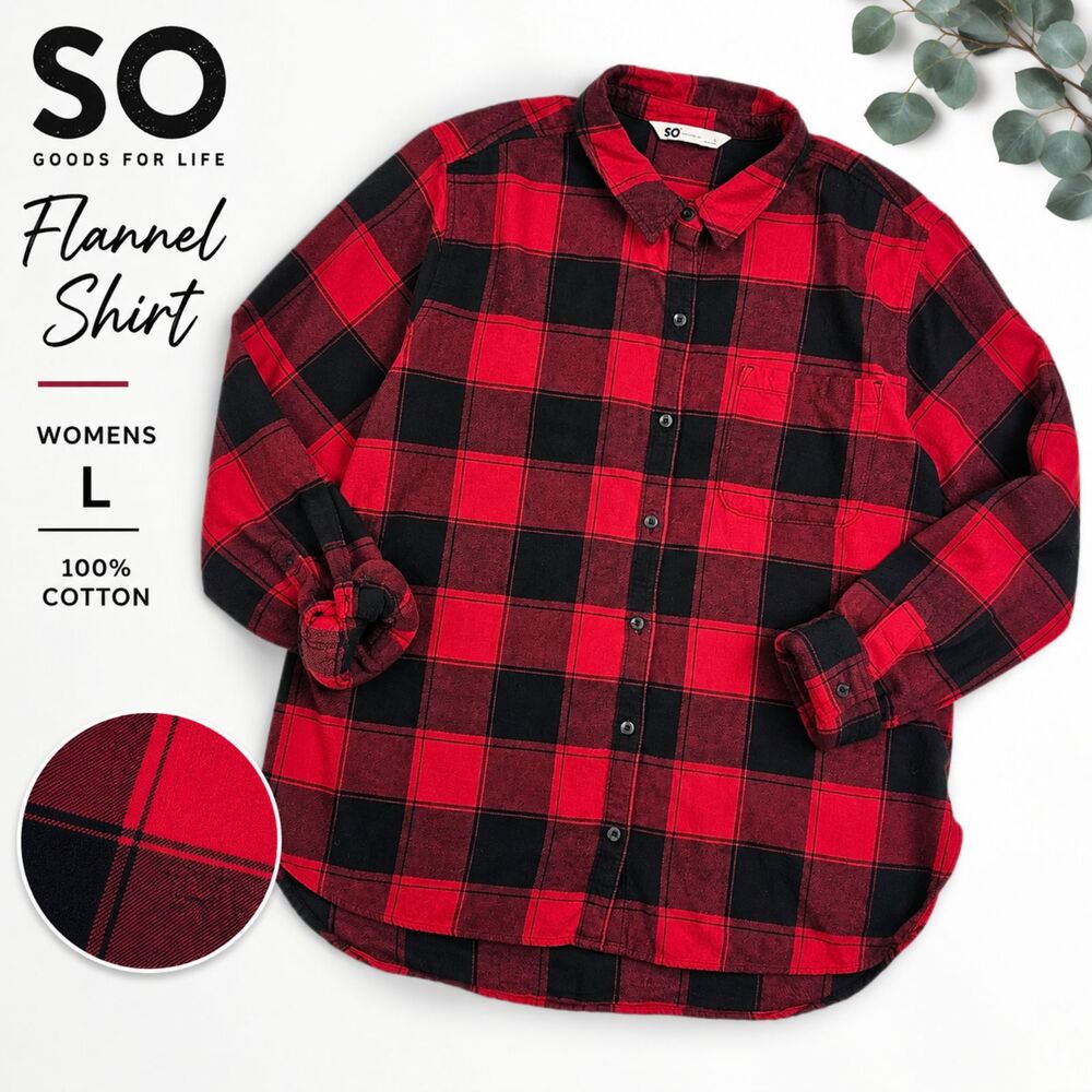 SO For Life Flannel Shirt Womens L Red Black Buffalo Plaid Cotton Button Up